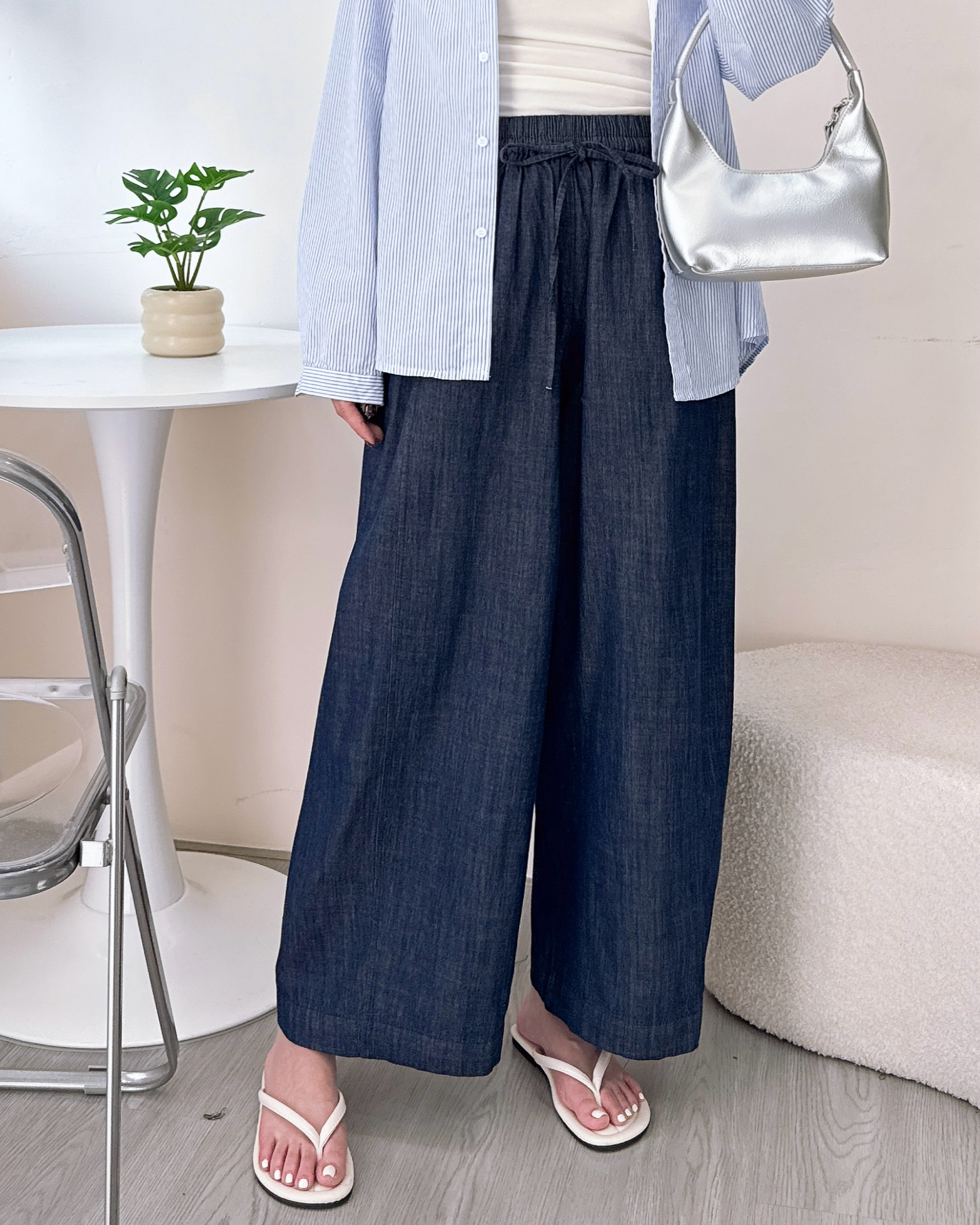 春夏全橡筋腰薄牛仔闊褲 