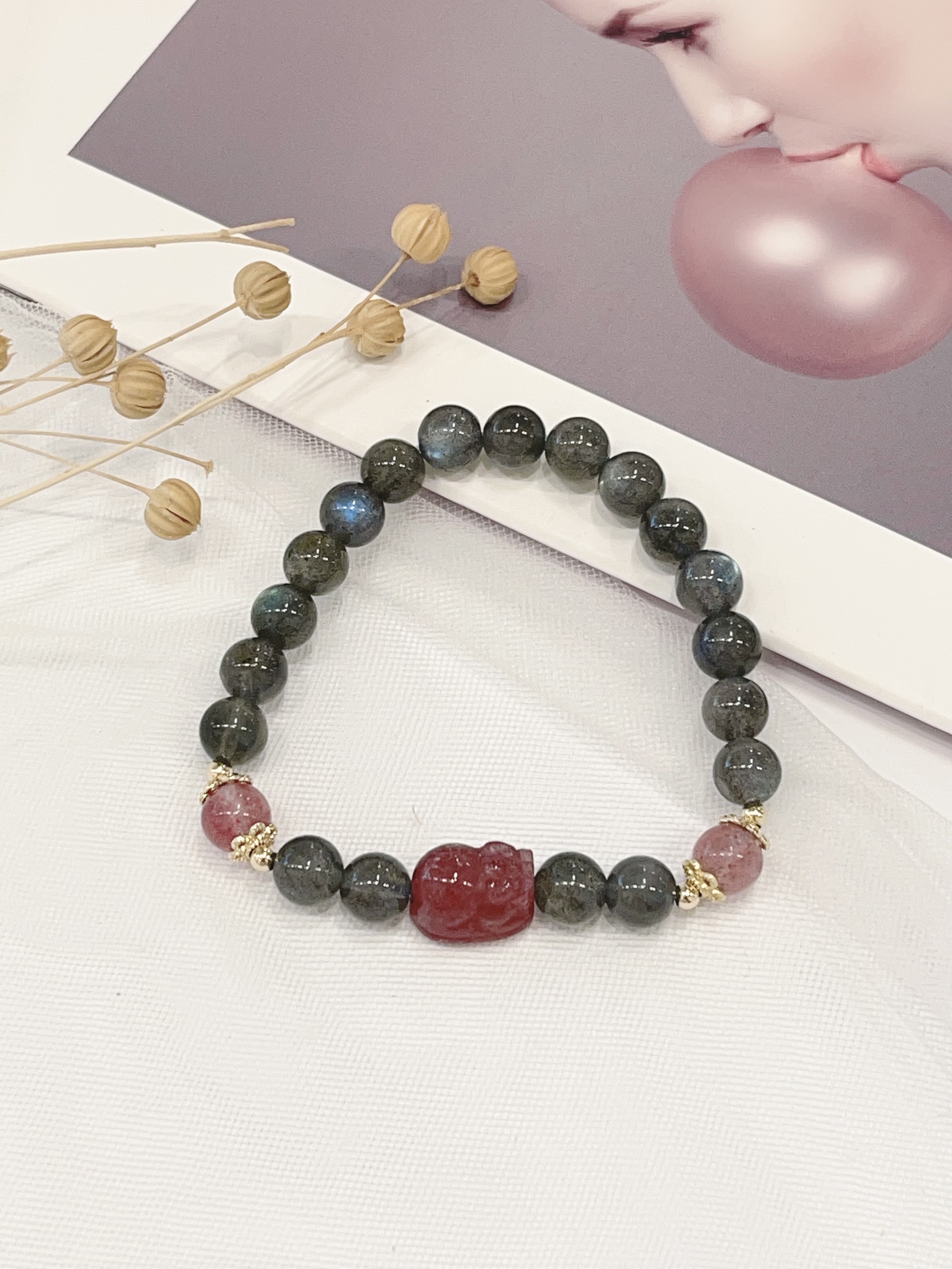🌙 月光石 × 草莓晶貔貅手串 Moonstone & Strawberry Quartz｜8mm 守护招财
