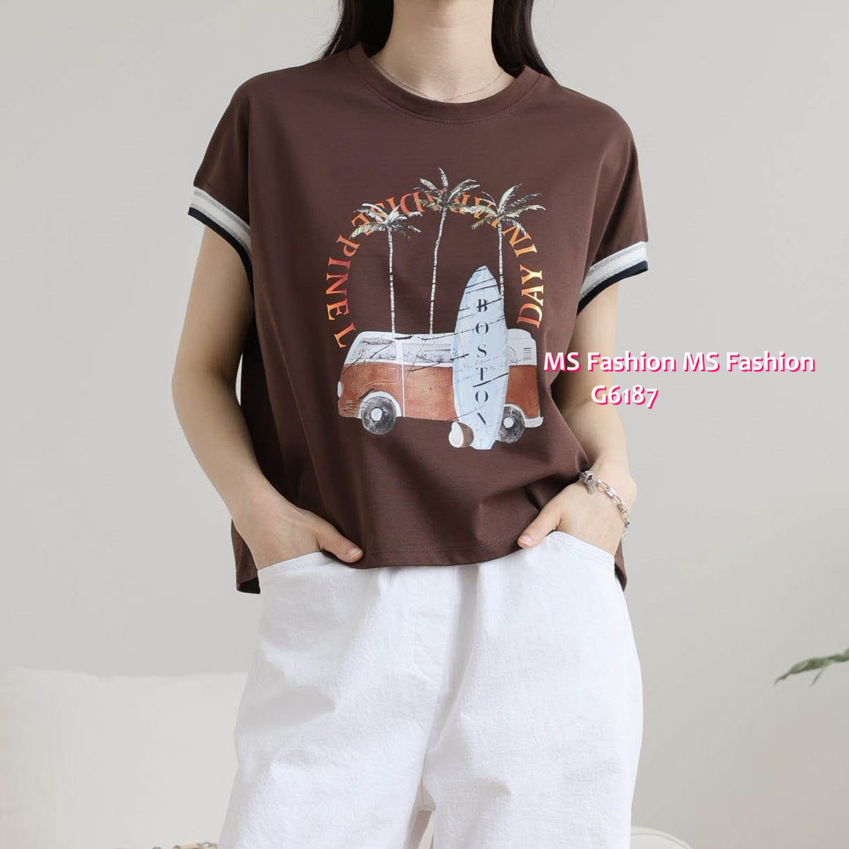 G6187 韓國🇰🇷靚print拼色袖top