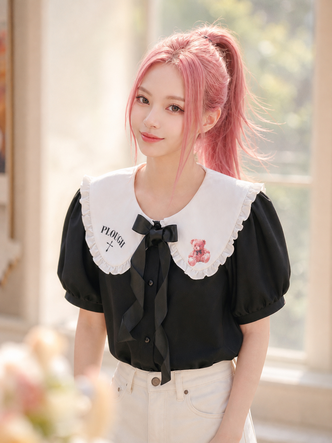 【APV - Girliness 】夜幕小熊的午茶約會撞色娃娃領黑白短袖襯衫 Midnight Teddy's Teatime Contrast Collar Vintage Blouse