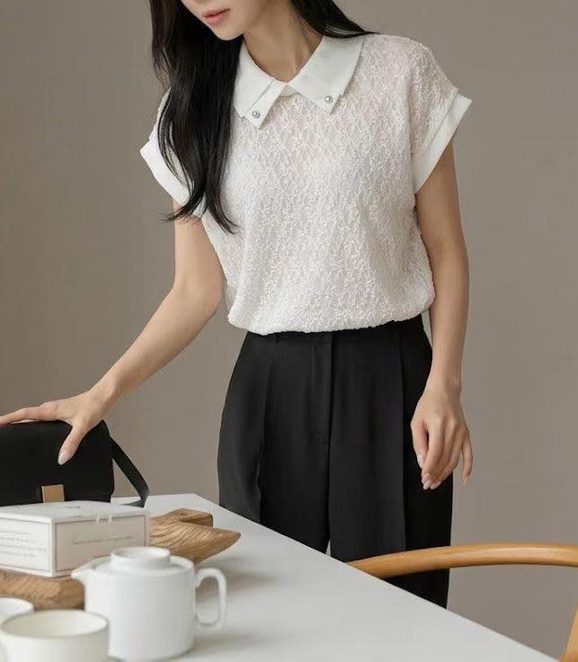 精緻蕾絲珍珠領短袖上衣 