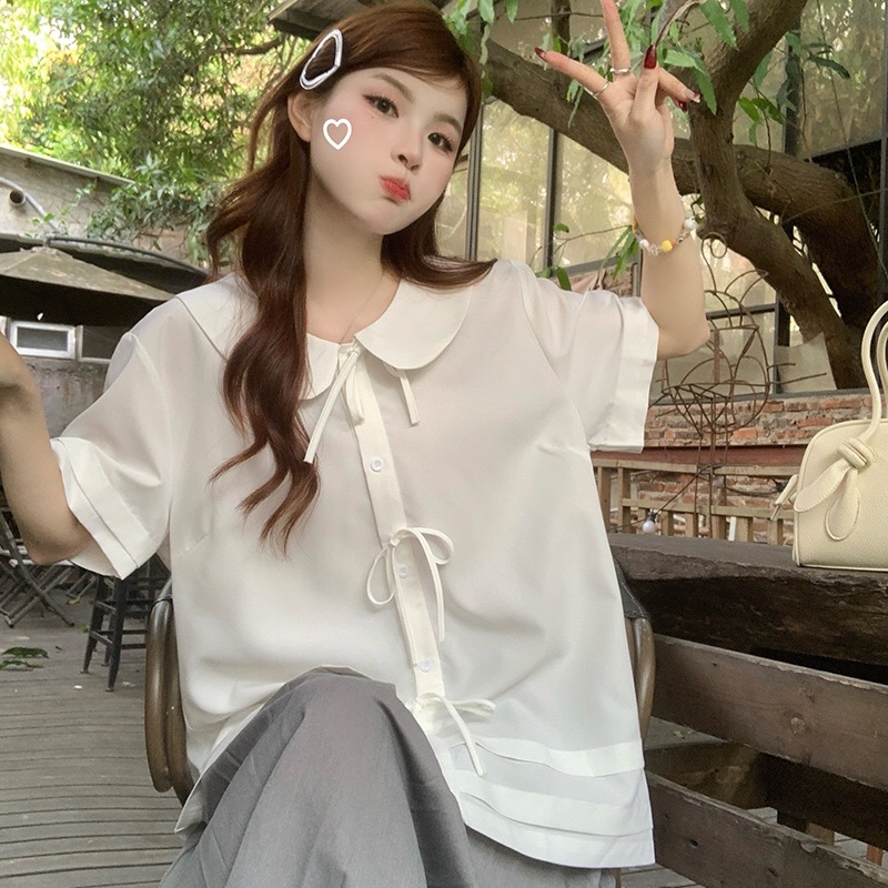B271(8176) 韩系学院风减龄娃娃领前排蝴蝶结白衬衫上衣