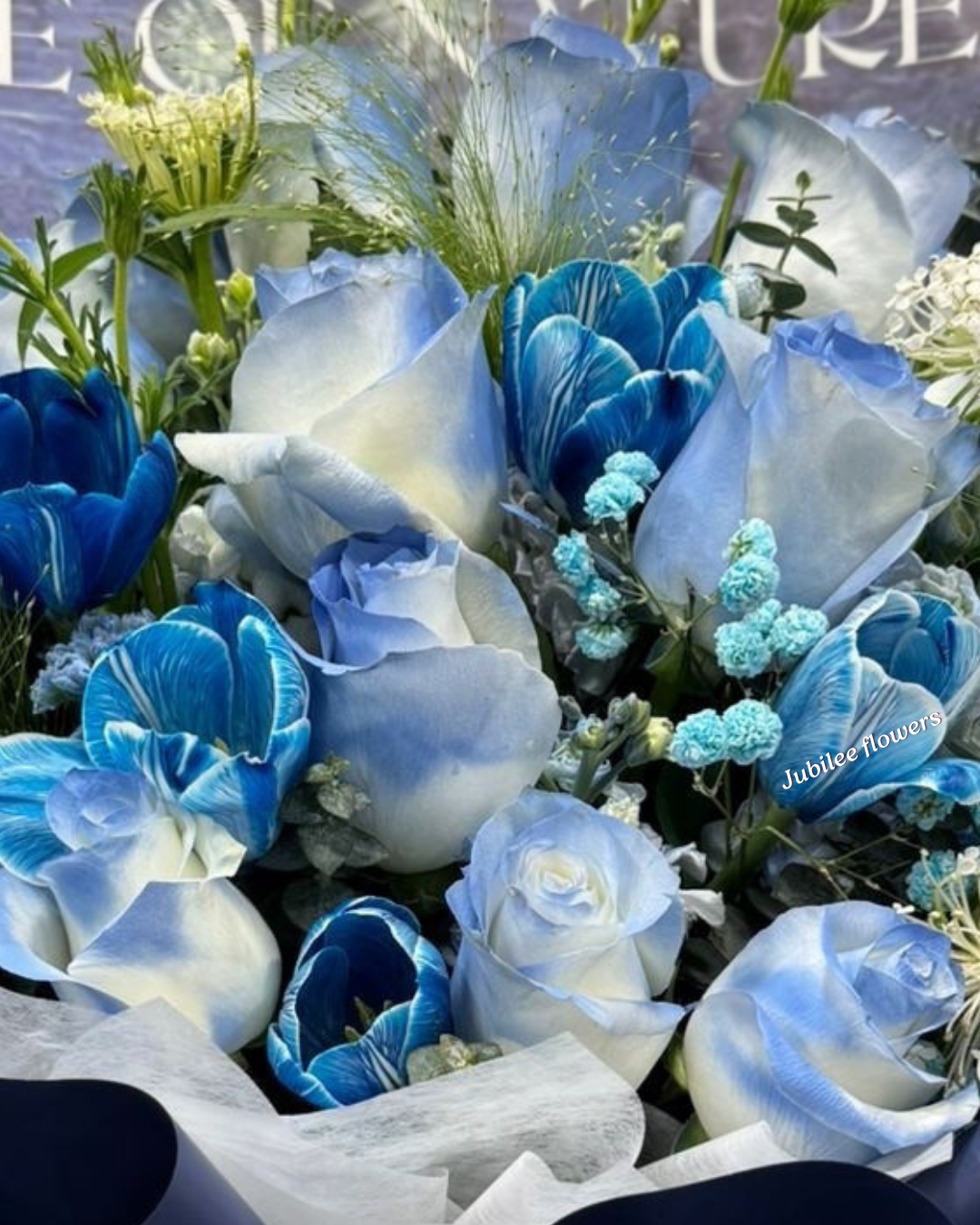 碎冰藍玫瑰 鬱金香 花束