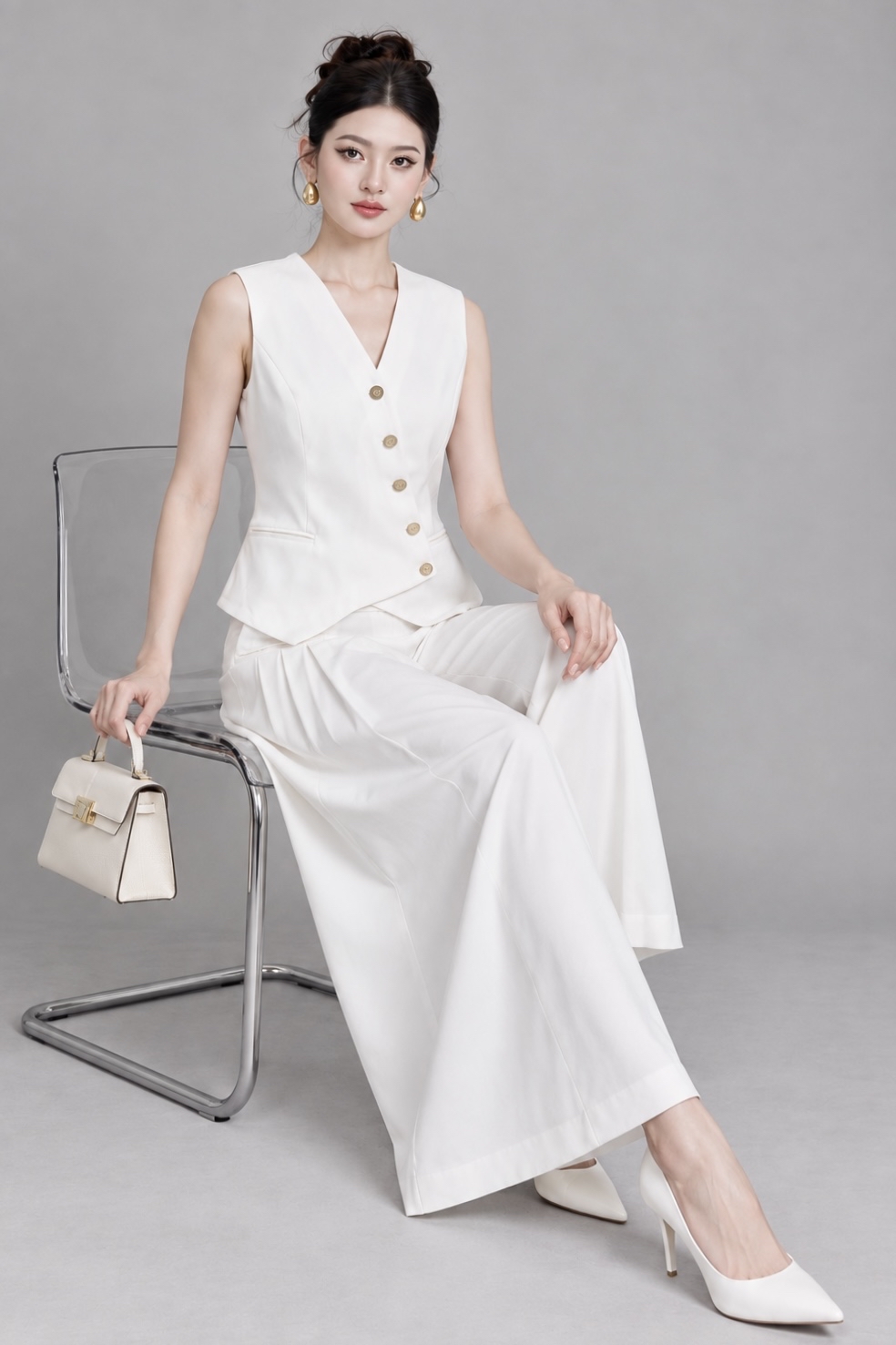 210603+210603-1 Asymmetric Button Vest & Wide-Leg Pants Set