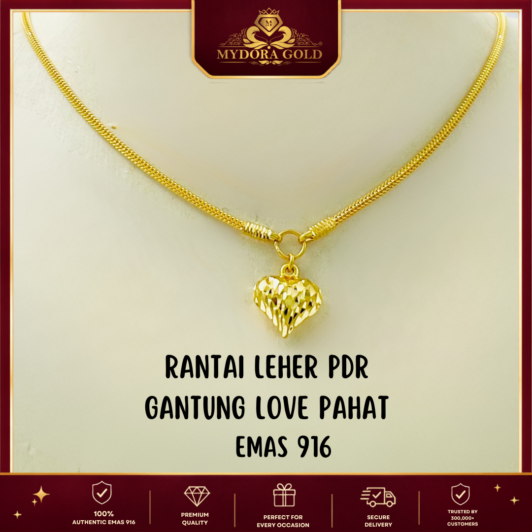 MYDORA Rantai Leher PDR Gantung Love Pahat l EMAS 916/22K