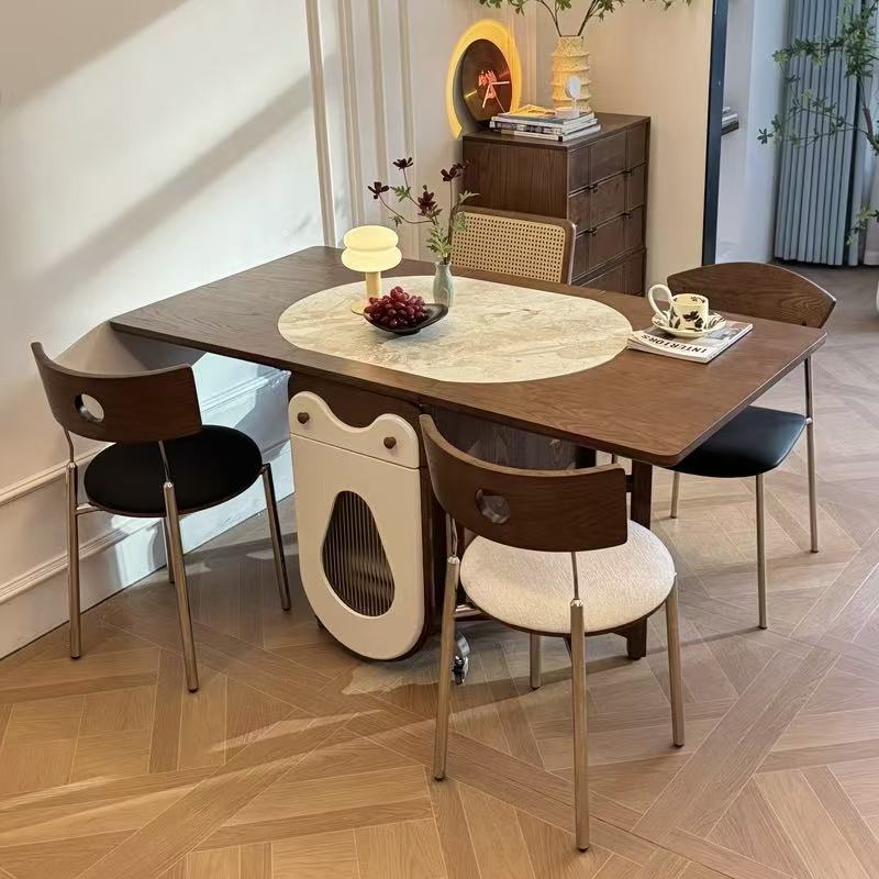 岩板餐枱連餐椅組合 可移動摺疊實木餐枱 家用細單位多人飯枱 dining table