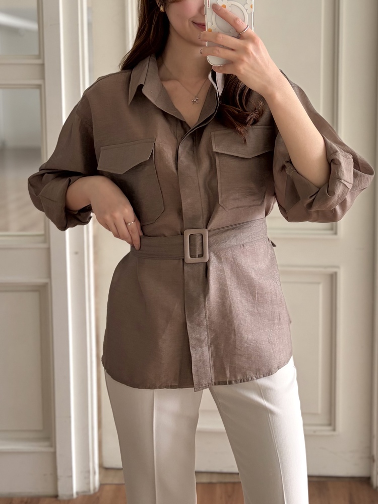 Feminine Belted Pocket Blouse (Brown)