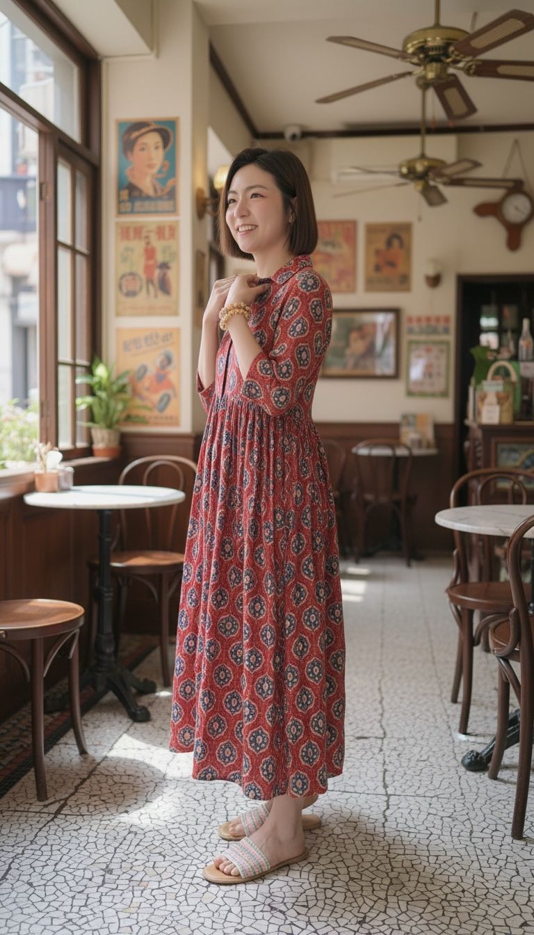2198 Brick Red with Tile Floral Middle Sleeve OP 45"