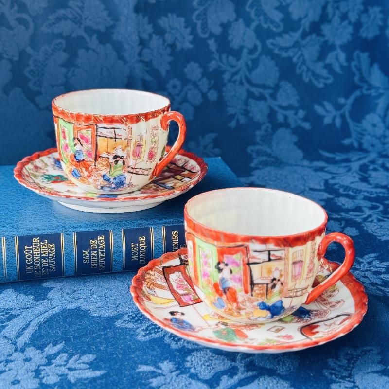 Vintage Pre-1950s Egg-Shell Quality Hand-Painted Japanese Tea Set Pair – Elegant Kimono-Clad Ladies in Traditional Home Scenes(MT2033)