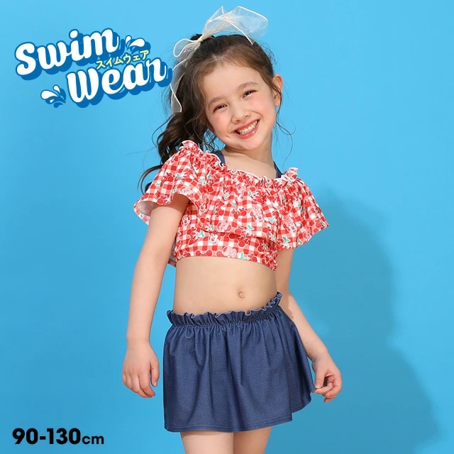 🆕【⭐訂購⭐】 🇯🇵日本直送 🌀#Minnie 荷葉邊領格紋上衣 + 牛仔布褲 泳衣 兩件套🌀 [ELDA-0206][260522]