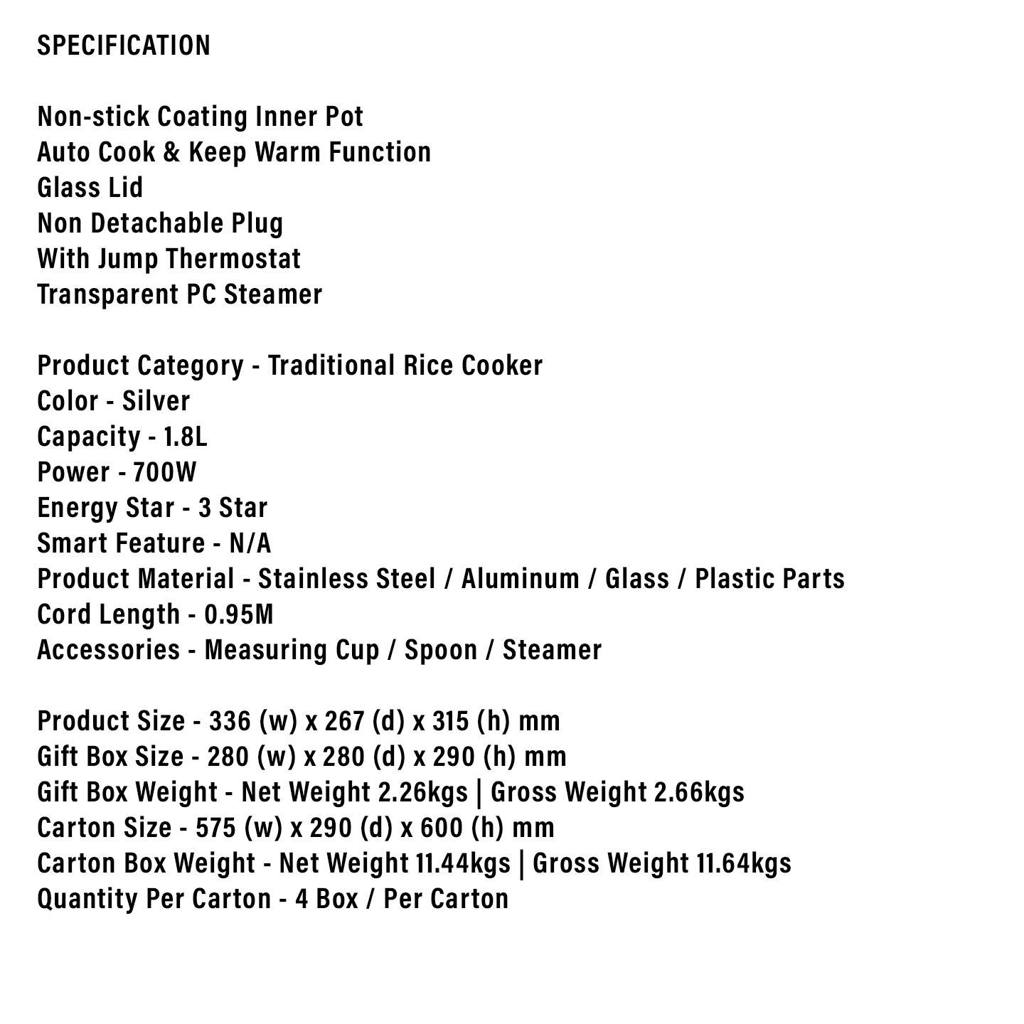 Faber 1.8L Traditional Rice Cooker FRC S319ST