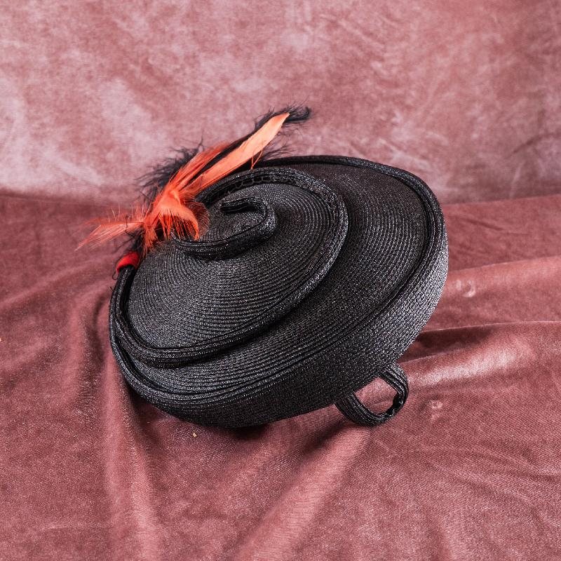 Vintage 1950s Montreal Made VOGUE Charcoal Grey Straw Half Hat with Feather