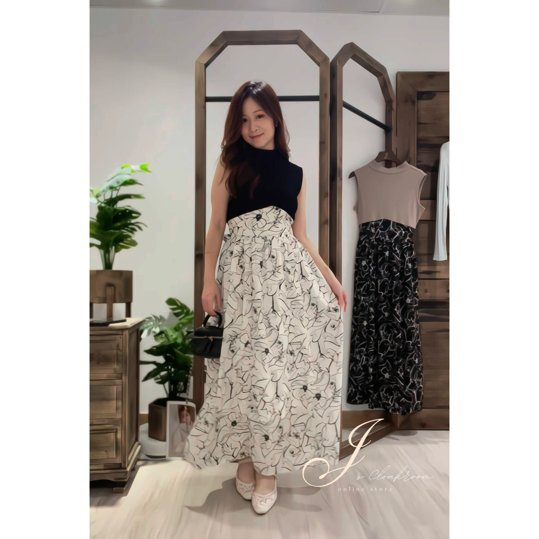 懶人必購👒假兩件花卉拼色洋裝裙(JP)[黑色]362411