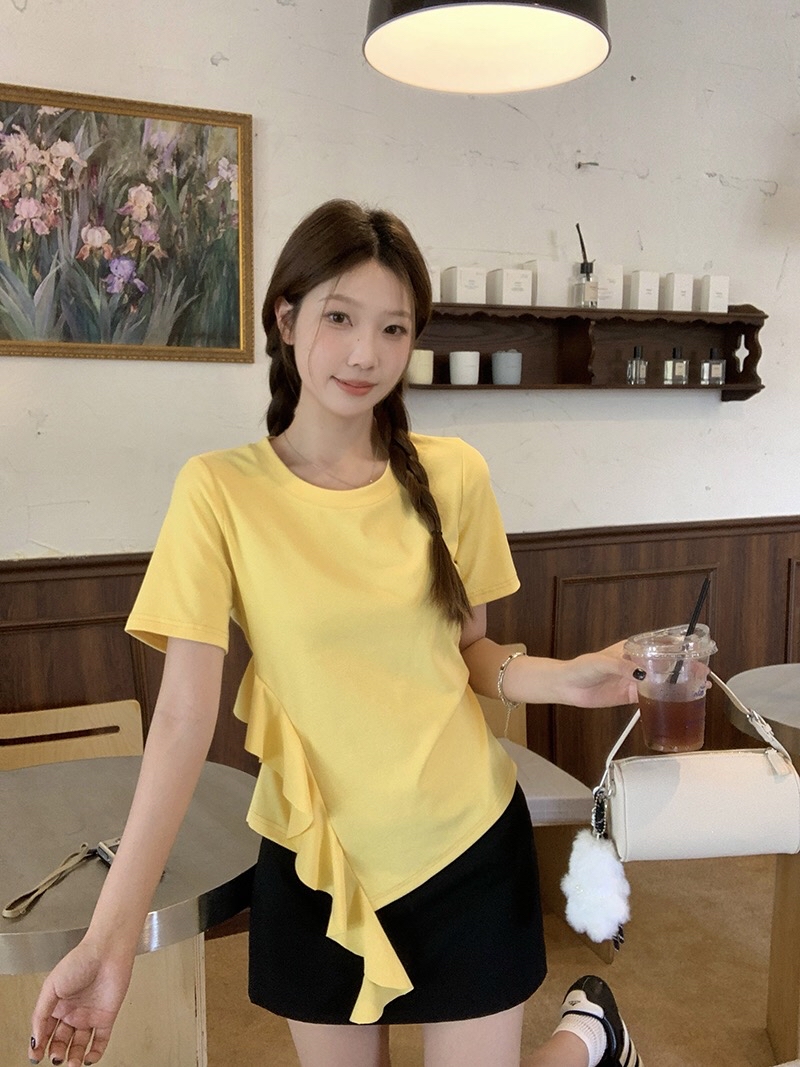 B83(36658) 韩系甜美风圆领短袖腰边荷叶飘带设计感3色上衣