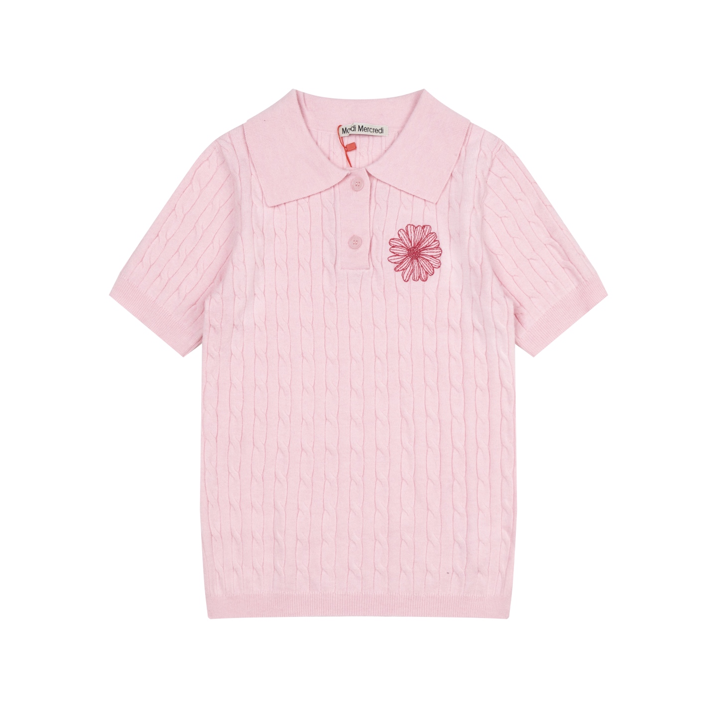 Mardi Mercredi Flower Embroidery Cable Short Sleeve Knit