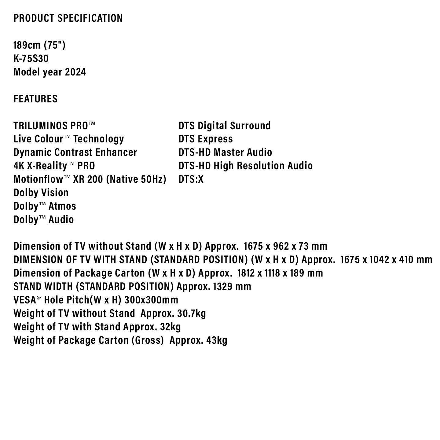 Sony 75" BRAVIA 3 4K HDR Google TV (K-75S30)