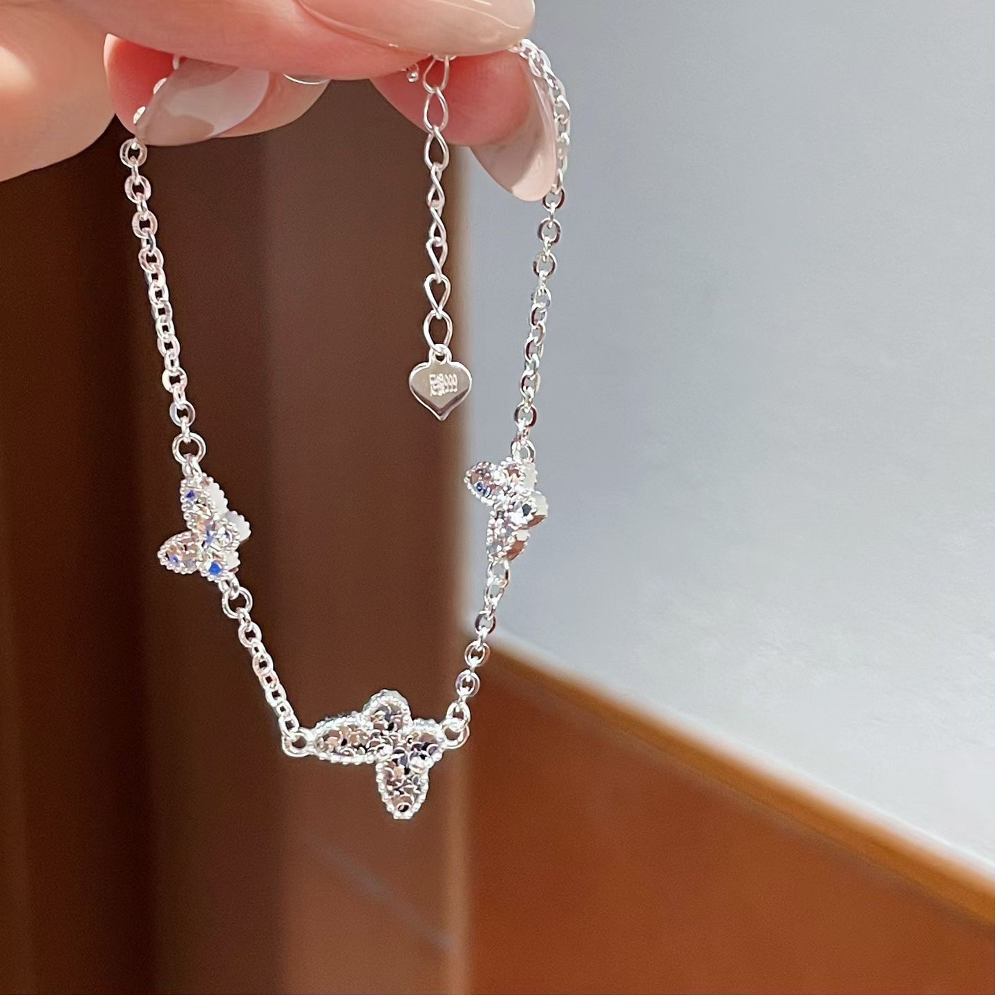 足银999 🦋三只蝴蝶 双面碎冰冰素银手链