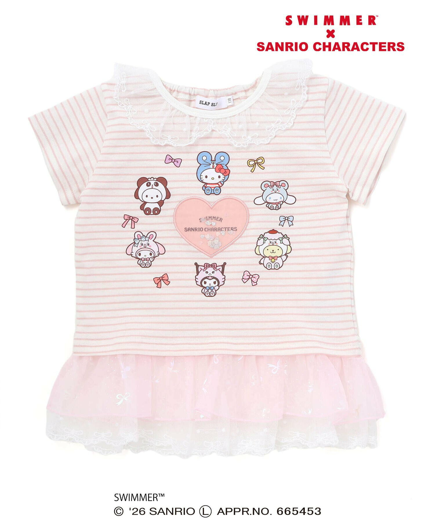 🇯🇵預訂 日本直送🇯🇵Slap Slip x Swimmer x Sanrio系列兩色人物印花亮片愛心蕾絲荷葉邊領口條紋短袖上衣