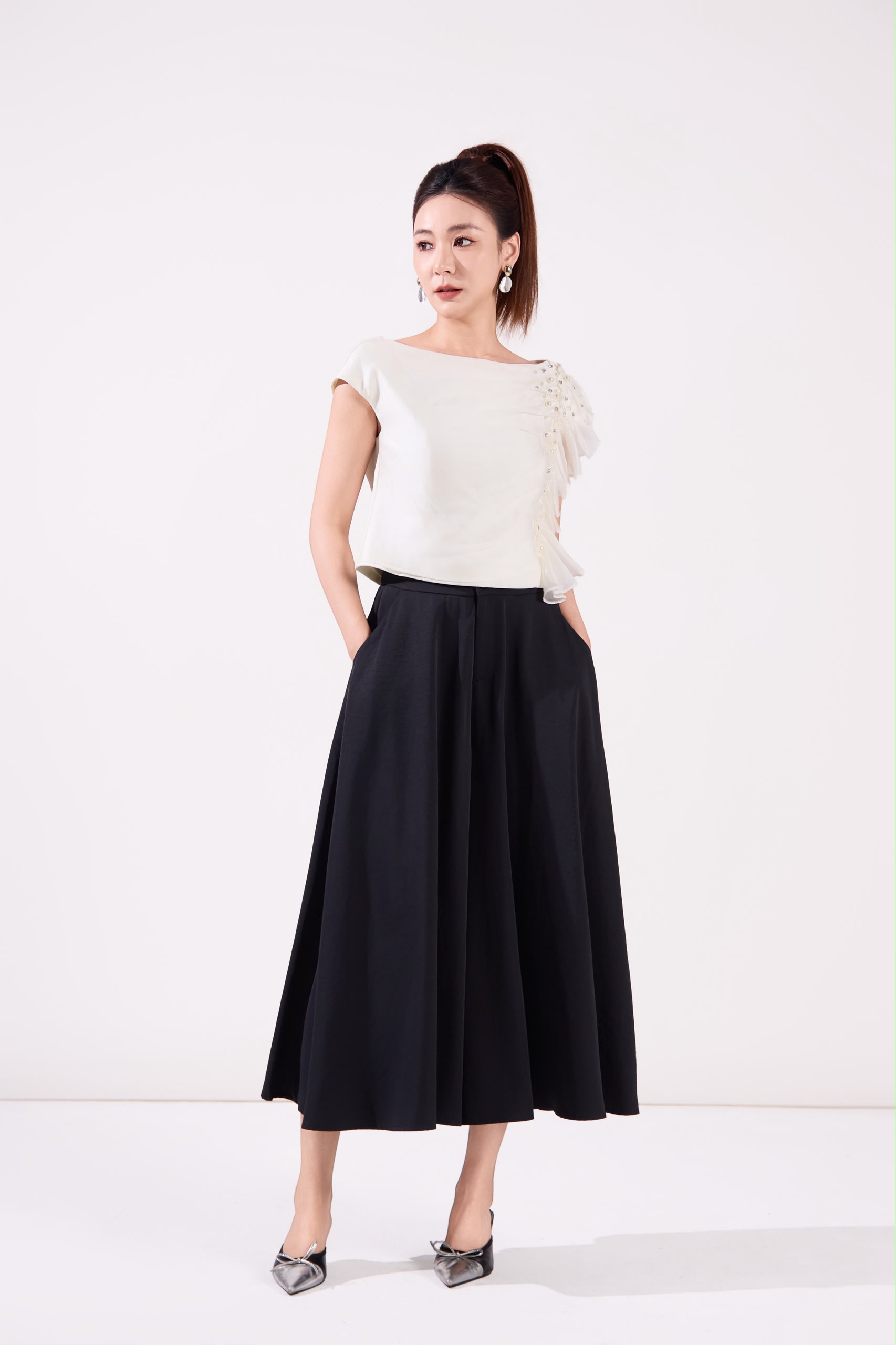 10141364 Pearl Ruffle Draped Blouse