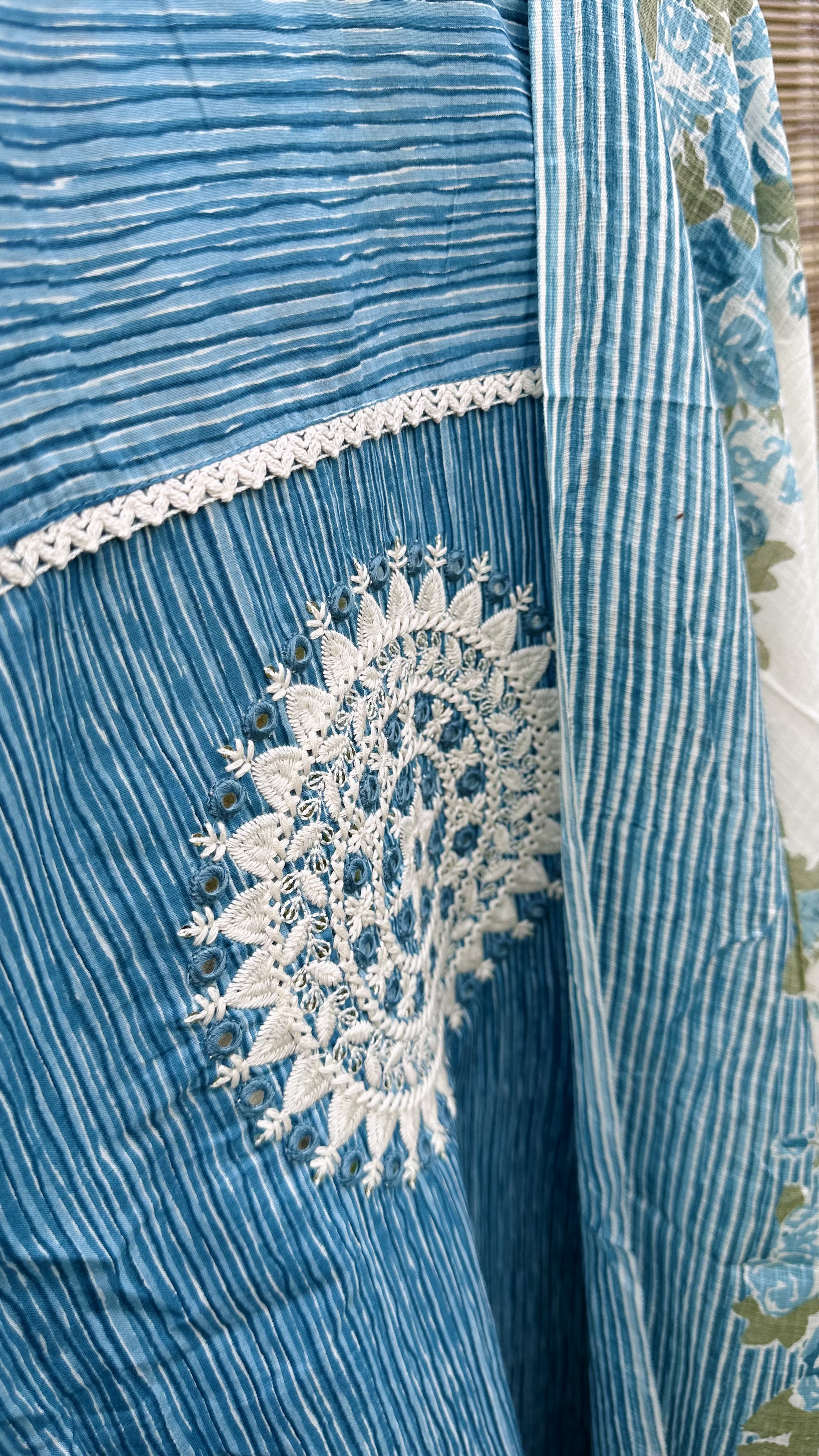 Blue Striped Embroidered Kurta Set