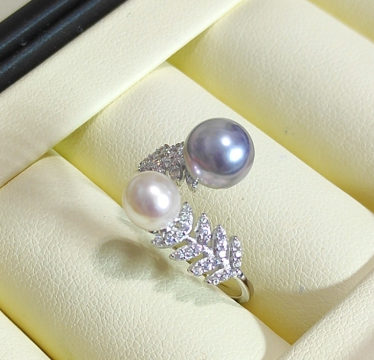 正圓極強光日本真多麻+櫻花粉海水珍珠精工s925銀微鑲鋯石橄欖枝開口戒指