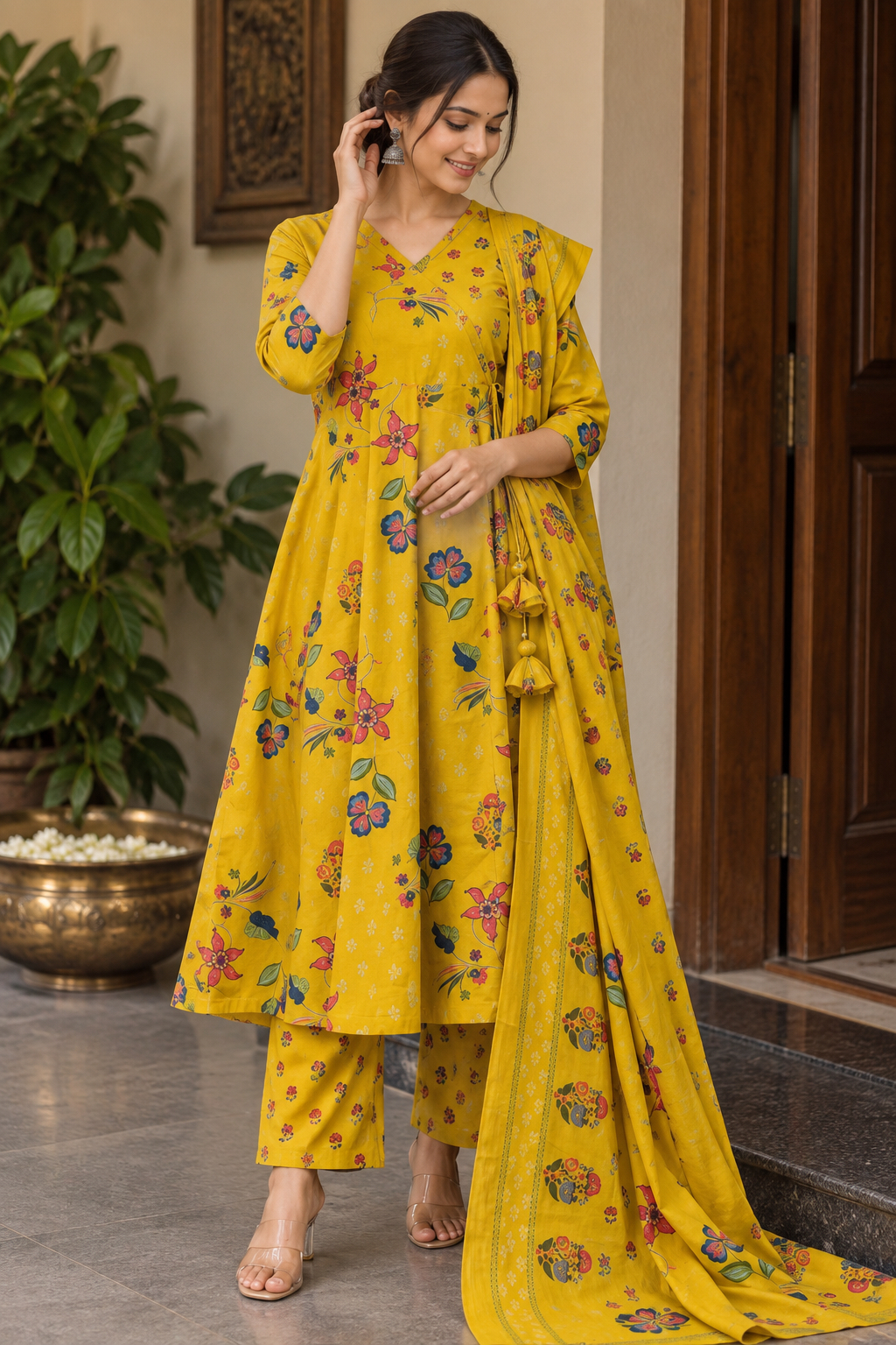 Mustard Floral Cotton Anarkali set