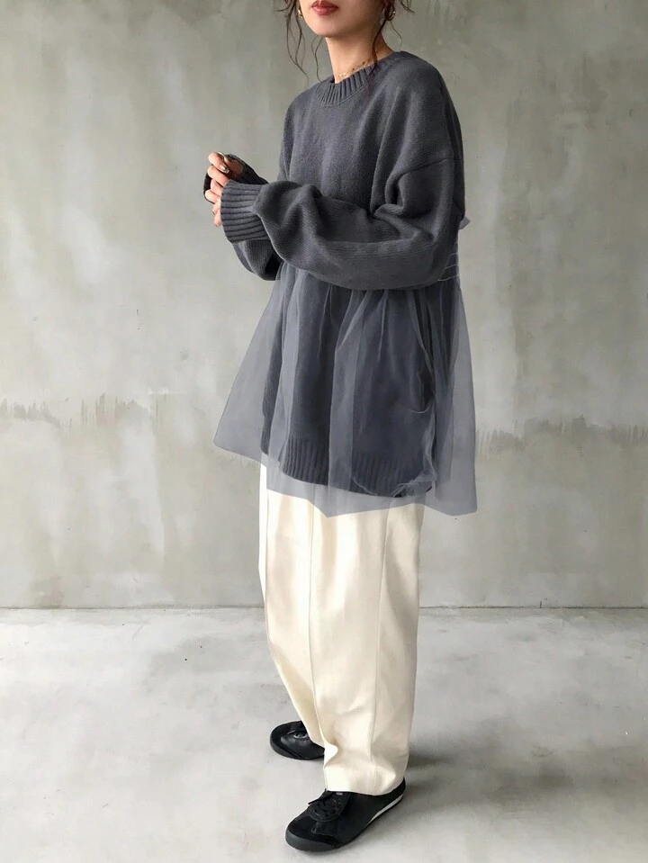 優雅針織拼接薄紗上衣