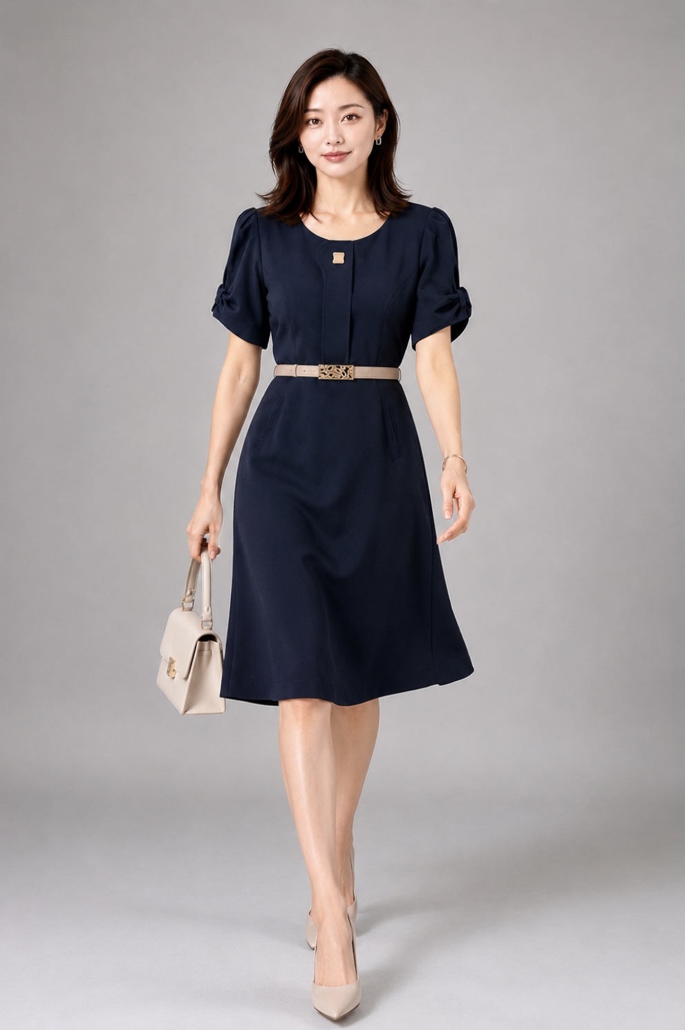 31170 Elara Belted Puff Sleeve Midi Dress