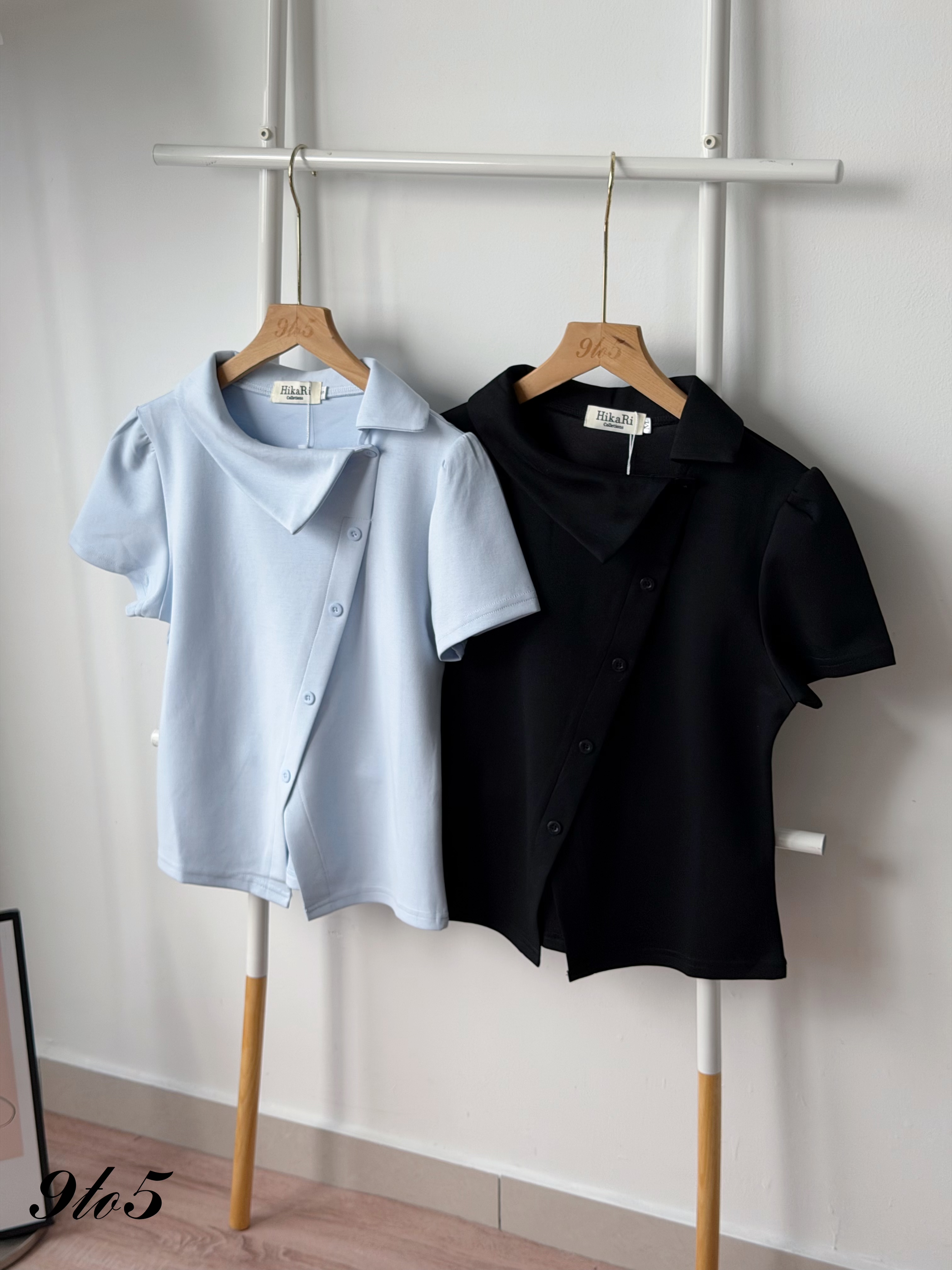 T4483 Irregular Collar Puff Sleeve Top - Black & Blue