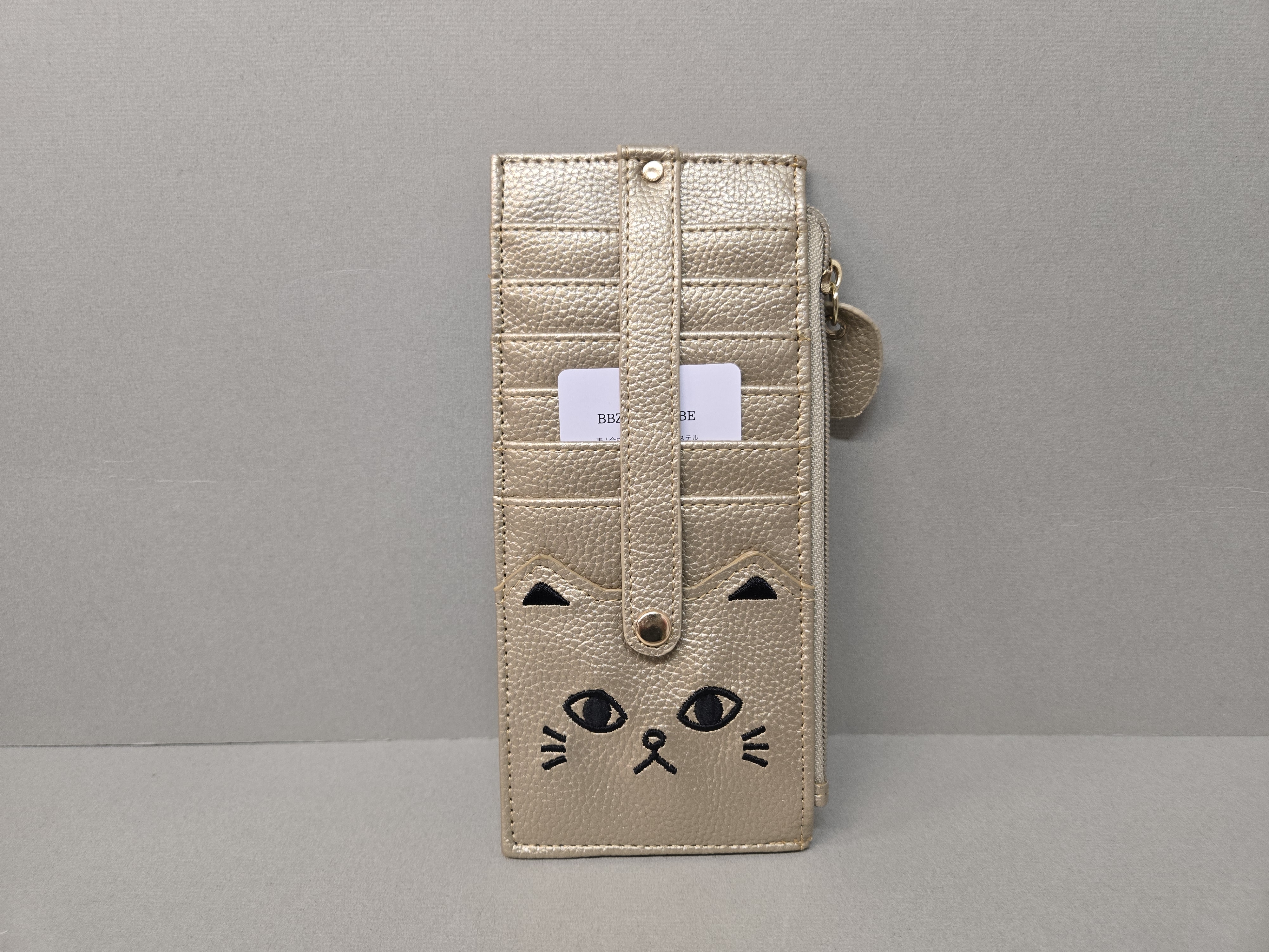 淺金色刺繡貓咪咭套及銀包兩用