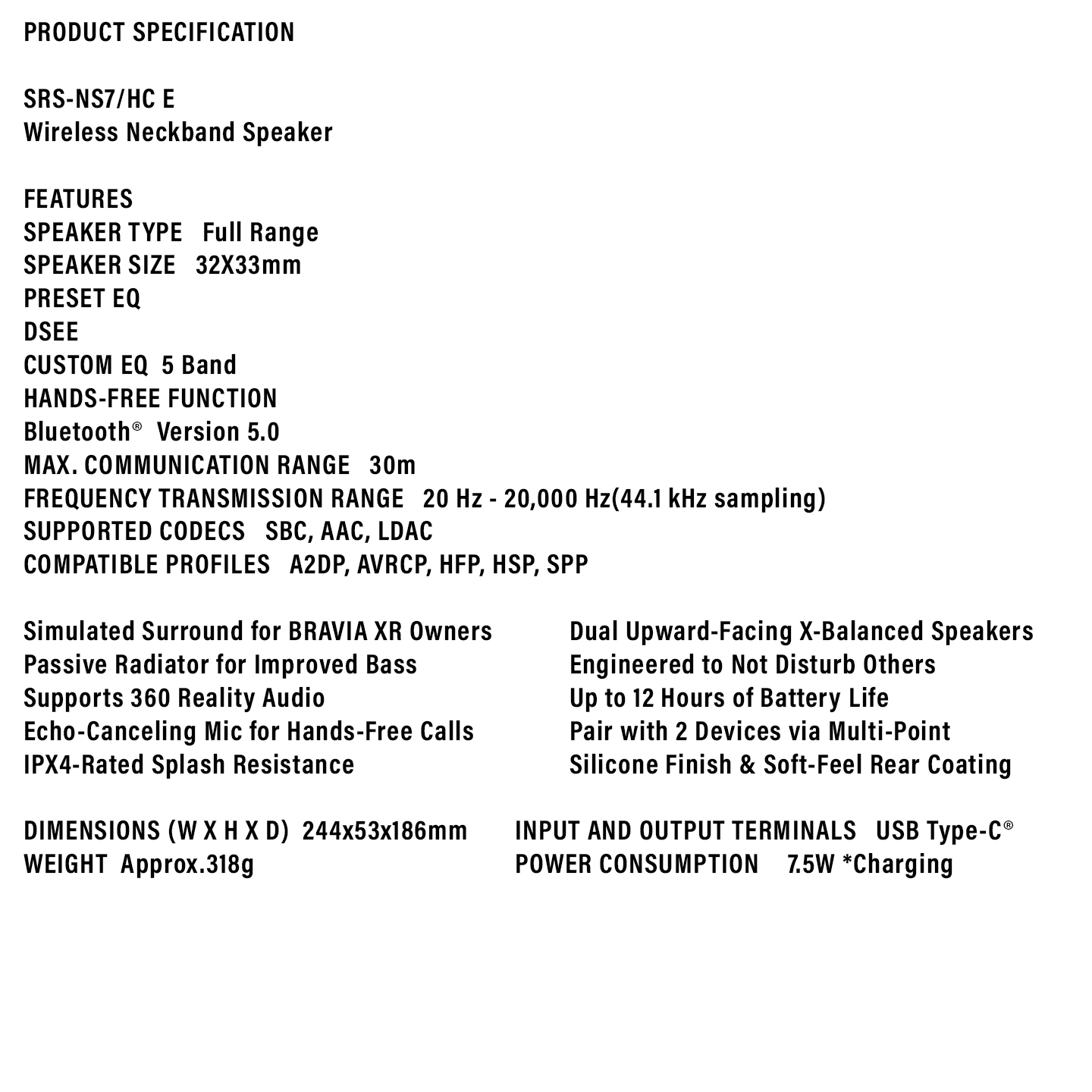 Sony Wireless Neckband Speaker Dolby Atmos (SRS-NS7)