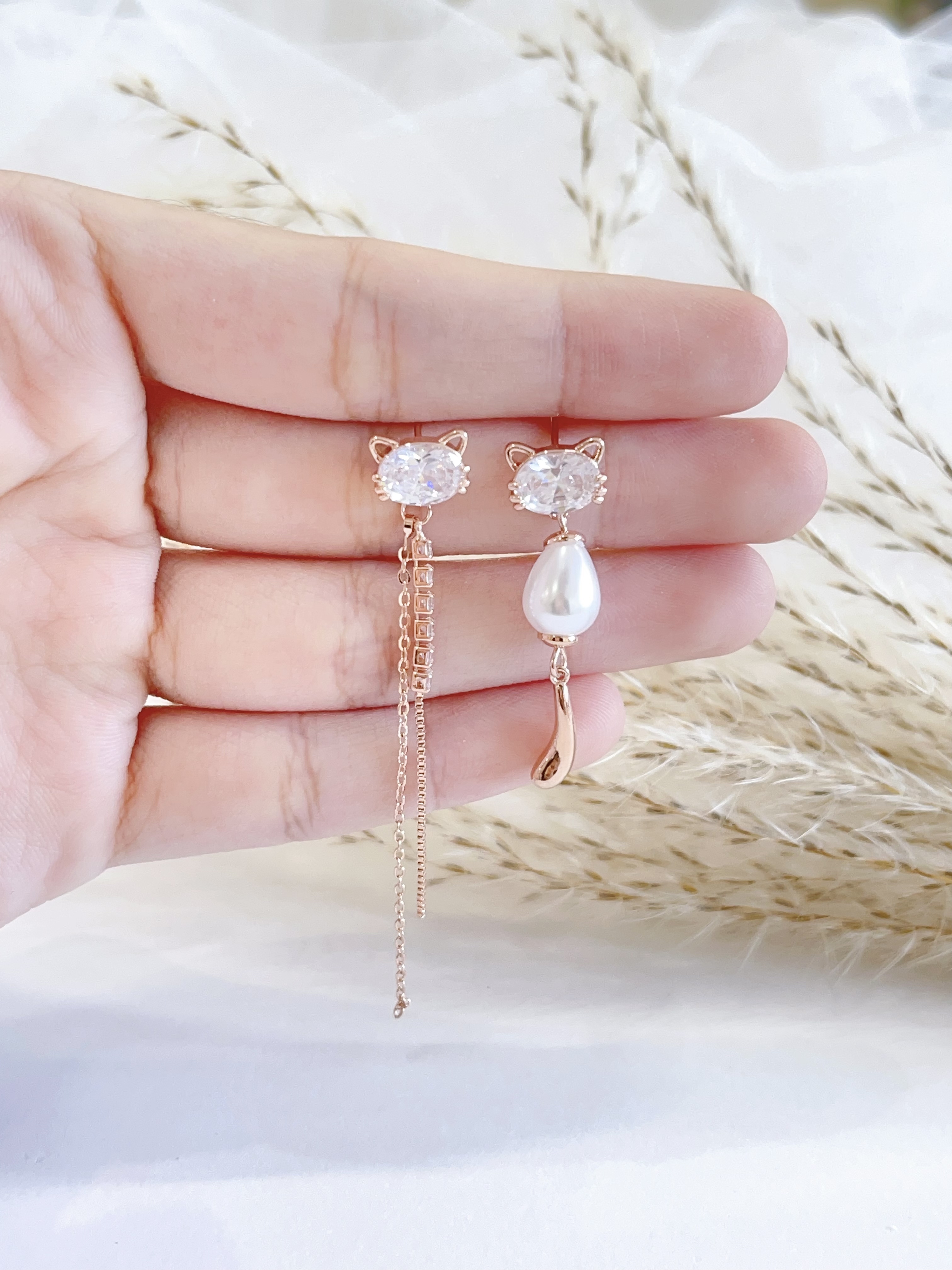 小猫锆石不规则长流苏耳环