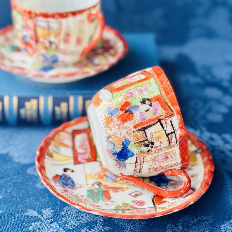 Vintage Pre-1950s Egg-Shell Quality Hand-Painted Japanese Tea Set Pair – Elegant Kimono-Clad Ladies in Traditional Home Scenes(MT2033)