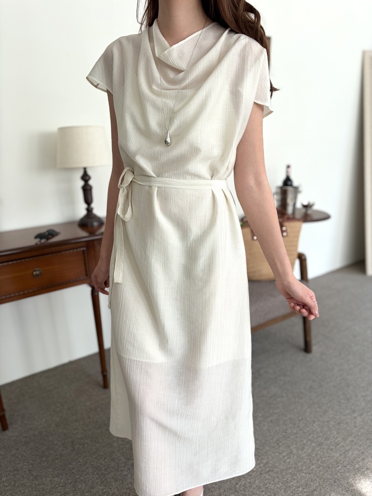 Draped Neck Dress with Inner Slip (Cream)