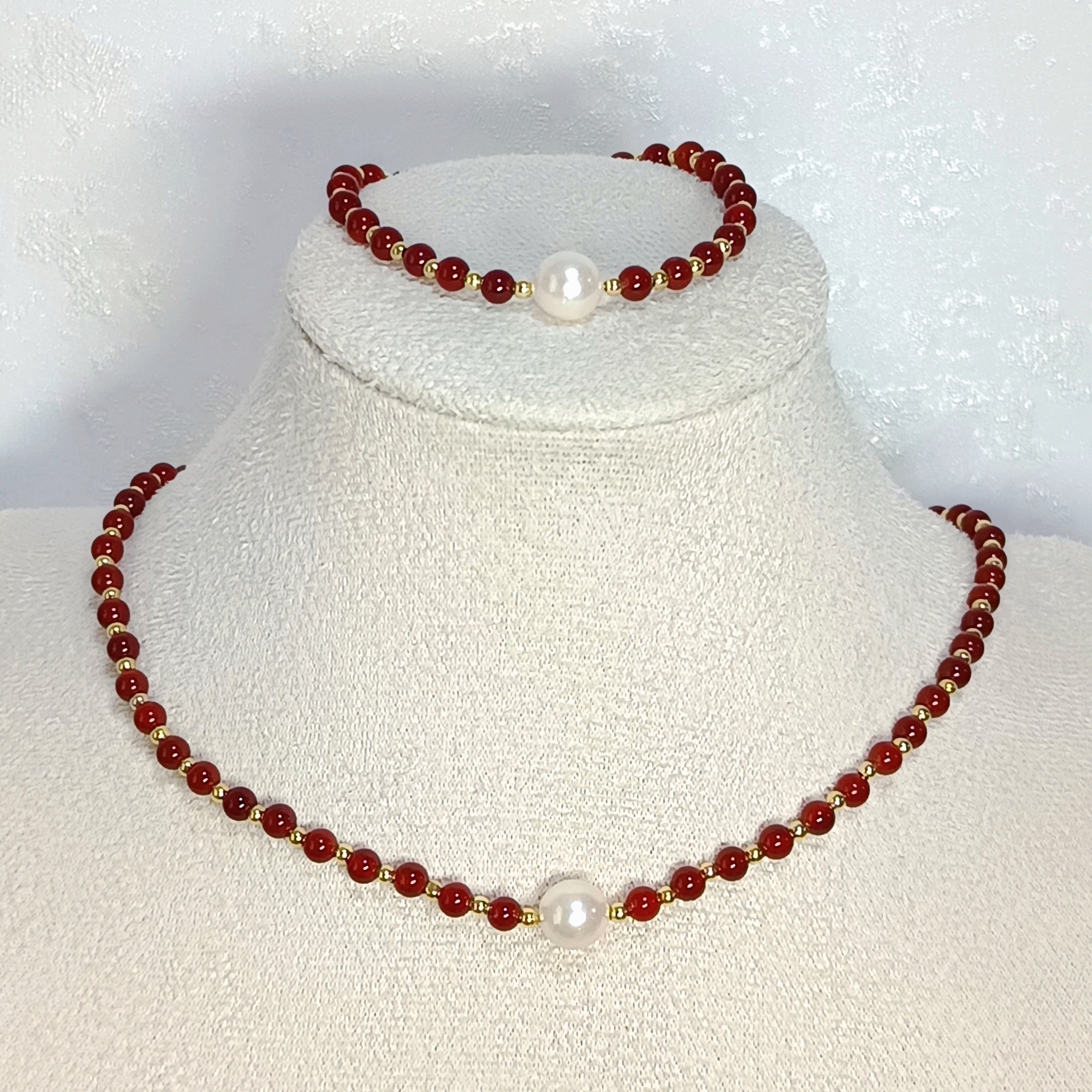 正圓極強光日本akoya櫻花粉海水珍珠+紅瑪瑙注金尾鍊扣項鍊手鍊套裝