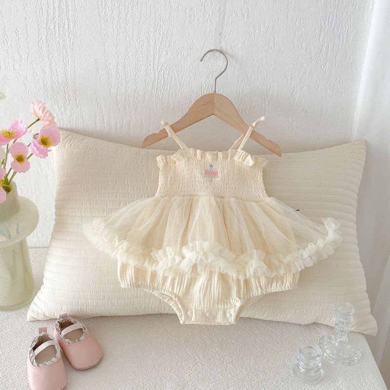 791695 | Cream Ruffled Tulle Baby Romper Bodysuit