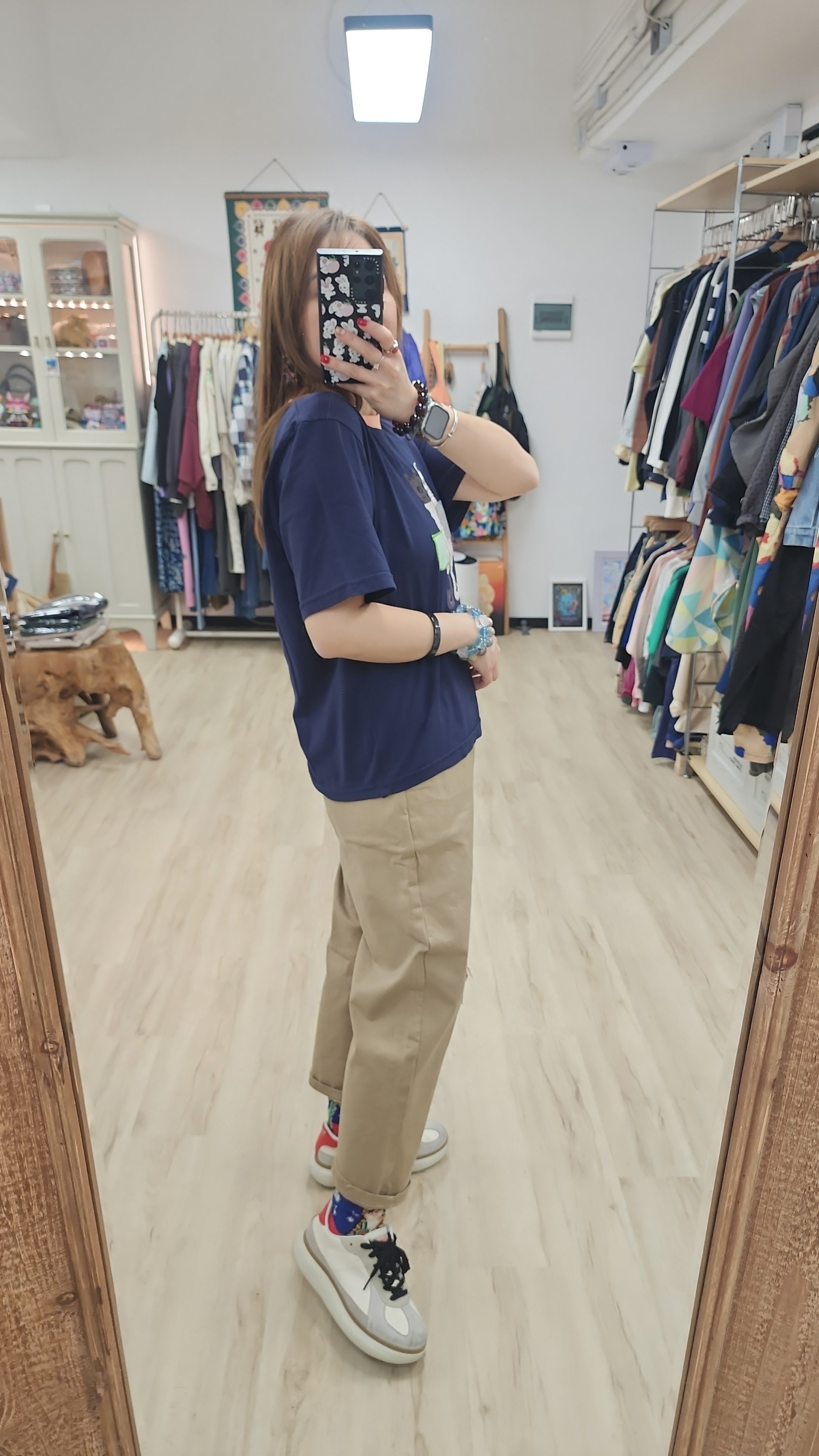 韓國深藍拼雙貓車布Tee