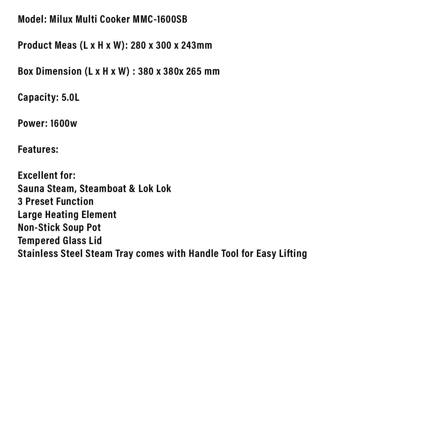 Milux 1600W Auto Lifting Multi Cooker (MMC-1600SB)