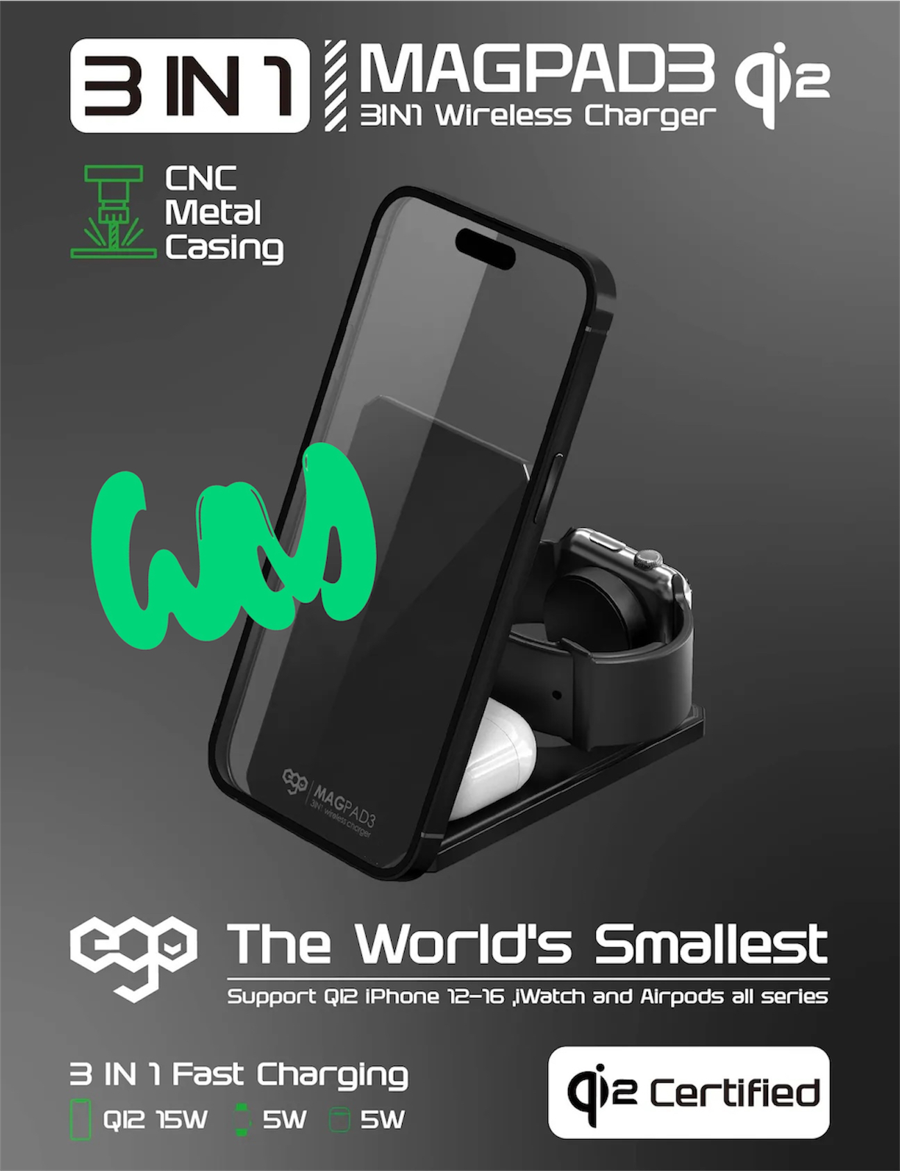 EGO MagPad3 QI2 3in1 Magsafe 充電座