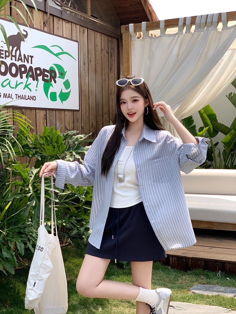 B276(36666) 韩版气质白吊带内搭与条纹蓝衬衫与蓝短裙三件套套装 