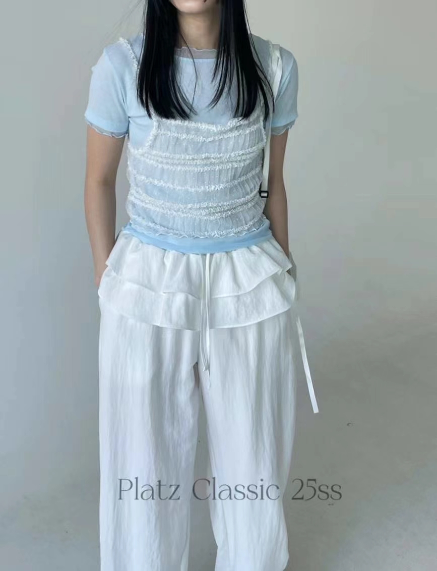 High-Waisted Wide-Leg Pants with Ruffled Waist Detail‖双层蛋糕式荷叶边腰头抽绳设计高腰阔腿裤 KR04152725