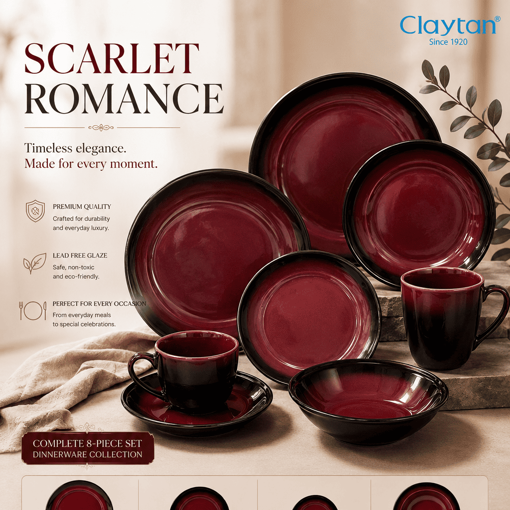 Claytan Scarlet Romance Series Ceramic Tableware 50% OFF | Plate Bowl Set