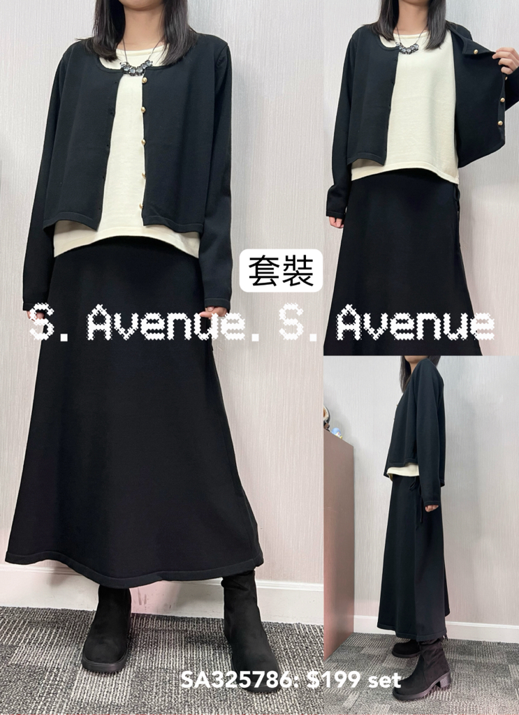 SA325786: 長袖假兩件有鈕針織top配半截A宇長裙