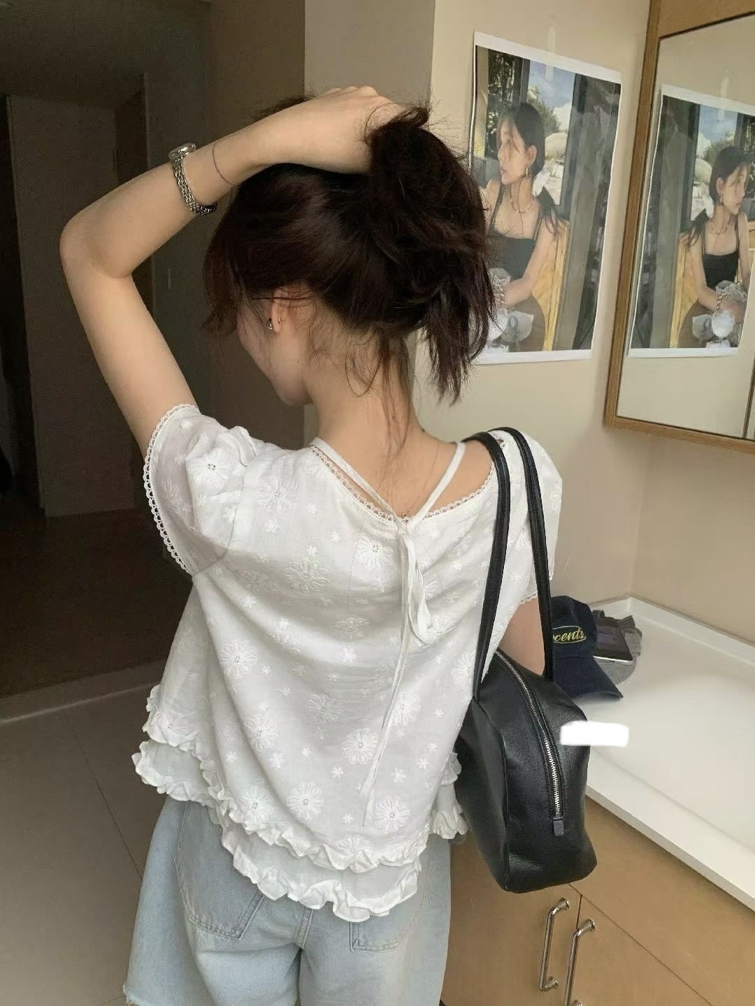 小短袖方領通花花邊top