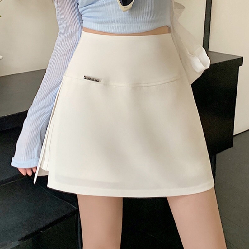 B178(21758) 韩版单银别针标签双边开角显瘦黑白短裙