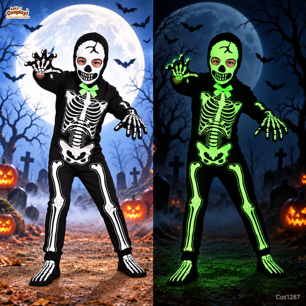 兒童夜光骷髏骨架萬聖節服裝 Glow Skeleton Costume Lets Cosplay COS1287