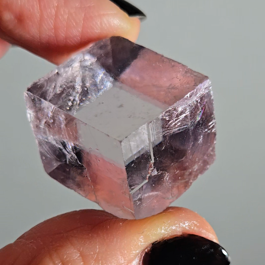 Purple calcite cube with rainbows - PC2