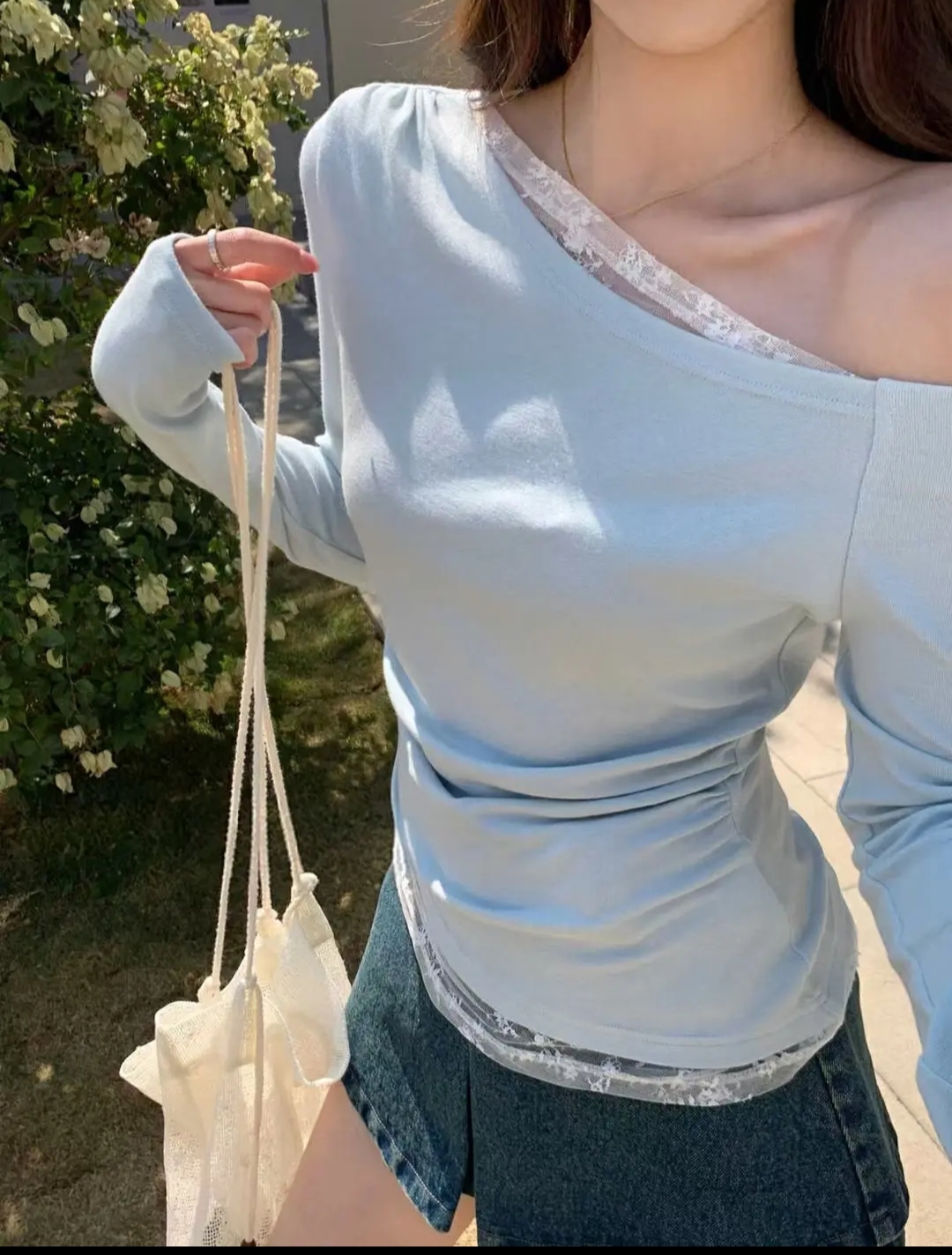 Off-Shoulder Lace Trim Fitted Top‖ 一字肩蕾丝拼接设计感长袖上衣 KR013735