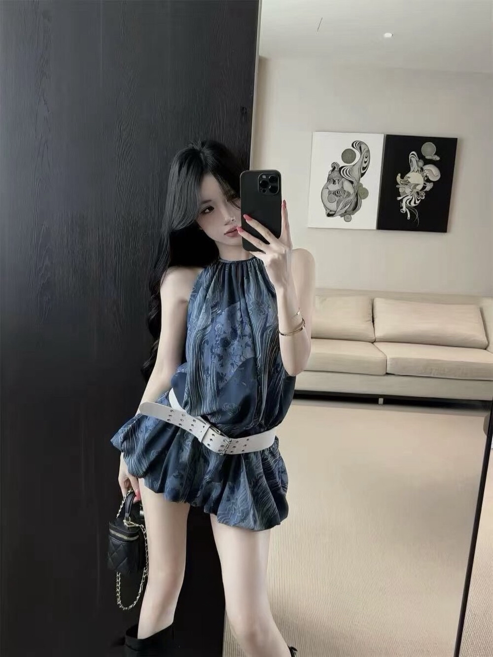 法式复古晕染挂女夏款小众褶皱雪纺衫无袖露肩上衣辣妹背心(配腰带) Floral halter mini dress with white belt