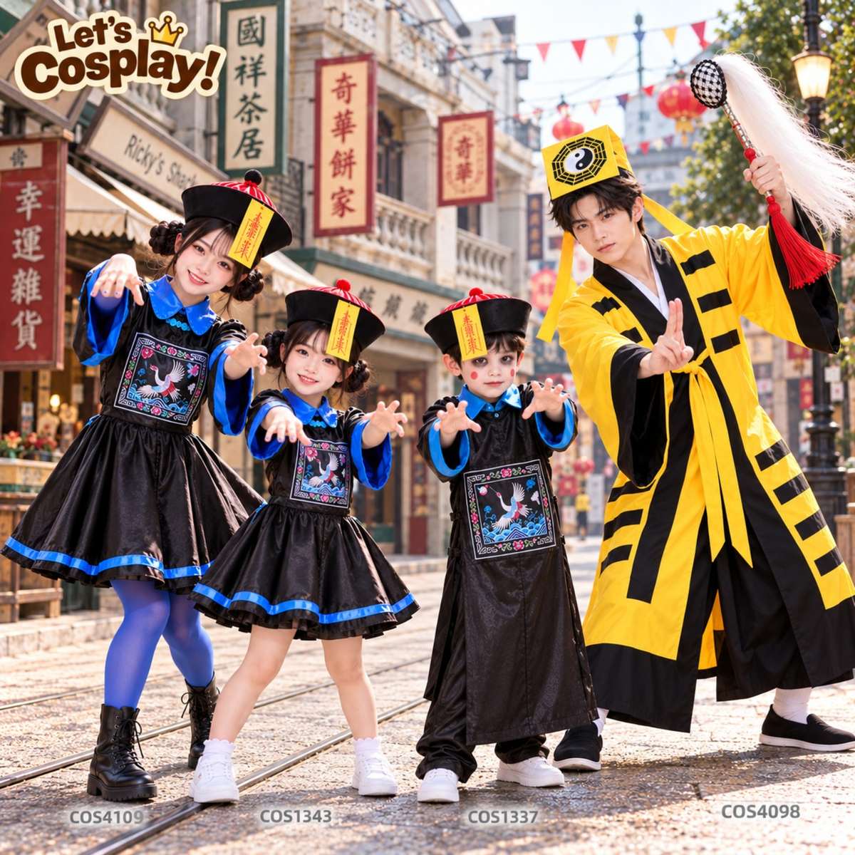 小女童中國殭屍萬聖節服裝｜符咒帽黑藍色連身裙｜兒童Halloween Cosplay 親子裝